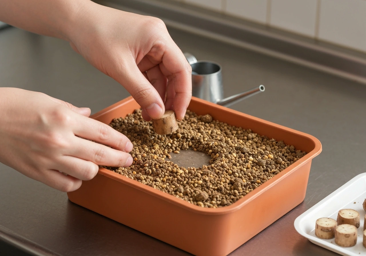 Hand placing ube setts in a small container with loose, well-draining soil and irrigation-ready setup
