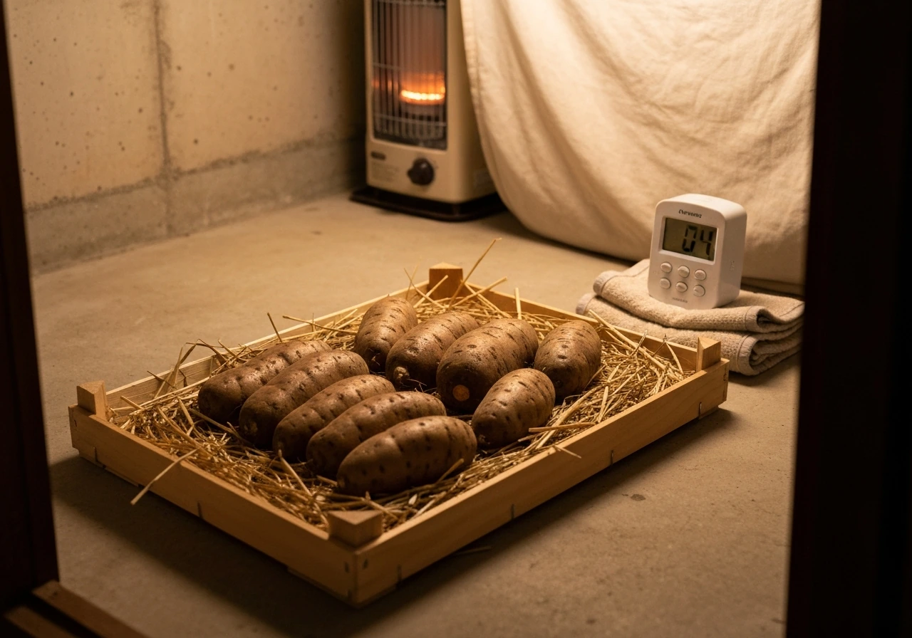 Fresh ube tubers curing in a warm wooden crate with a small anonymous sensor in the background.