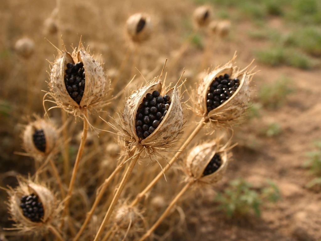 Tan papery Nigella sativa seedpods on a sunlit Nigerian field with dark seeds visible at harvest time