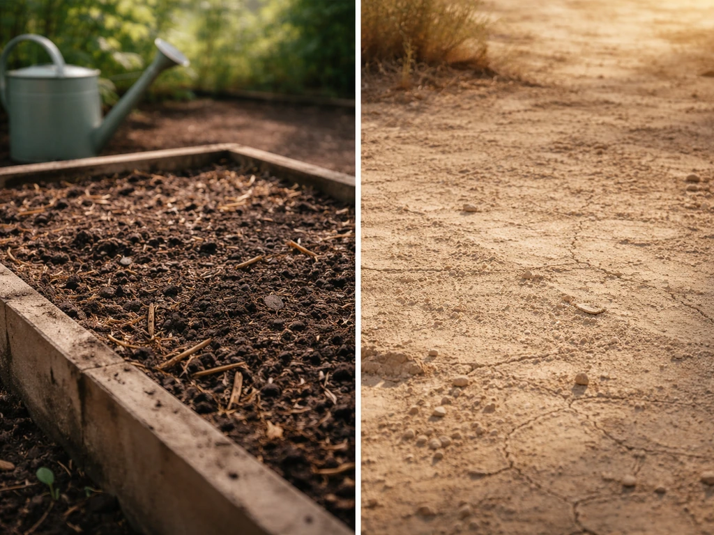 Split view of cool, moist soil beds for Nigella sativa versus hot, dry cracked ground representing Nigeria’s heat