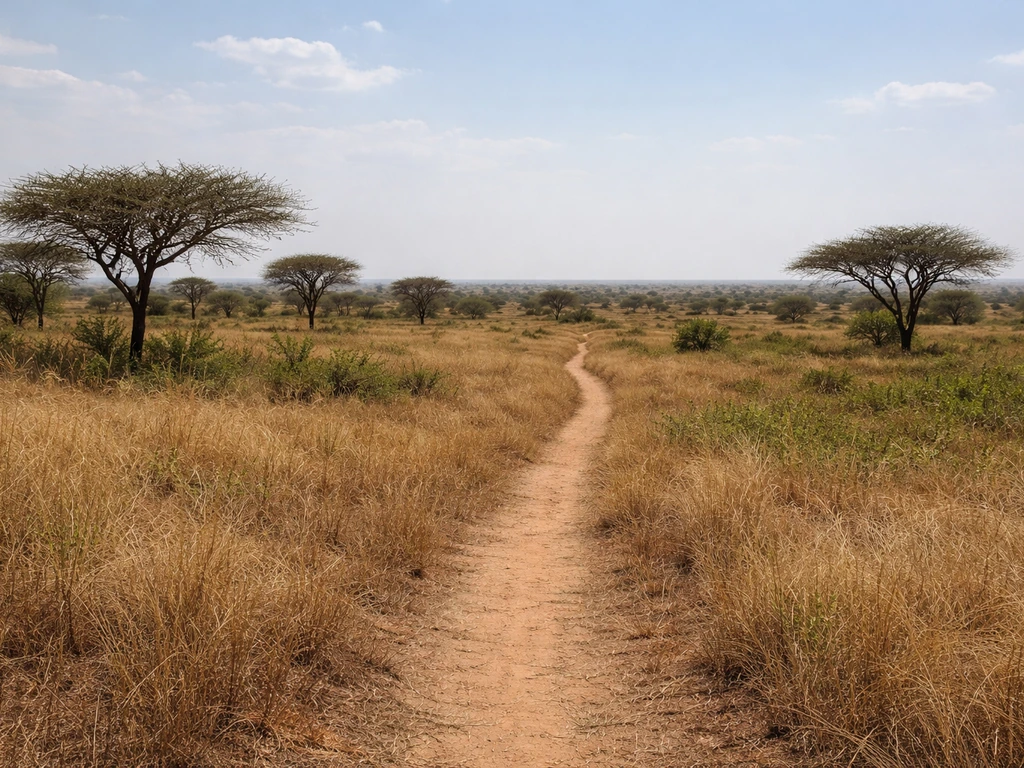 Dry northern savanna grassland with scattered thorn trees under bright sky, minimal landscape scene.