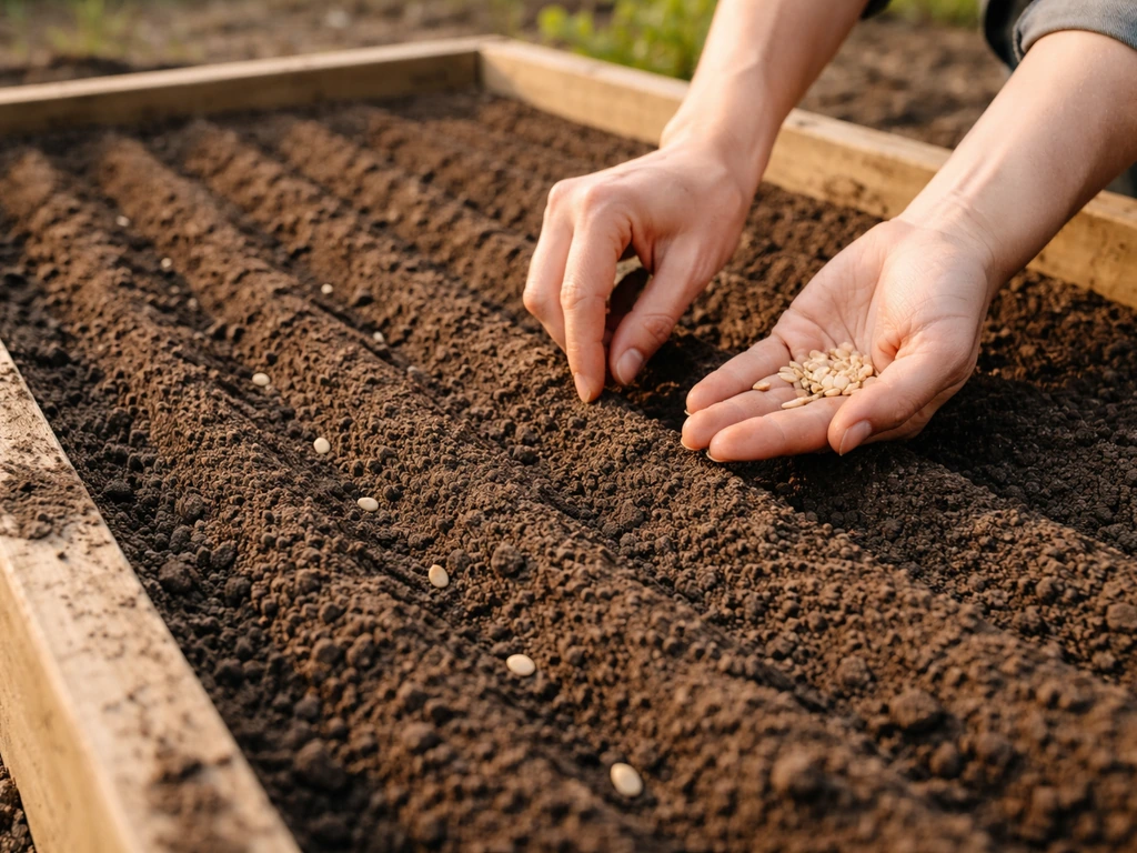 Anonymous hands placing seeds into shallow drilled rows in a prepared raised garden bed.