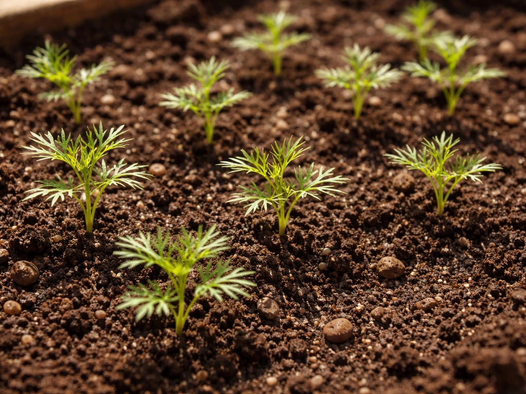 Sunlit Nigella sativa seedlings in well-drained soil with evenly moist surface in natural light.