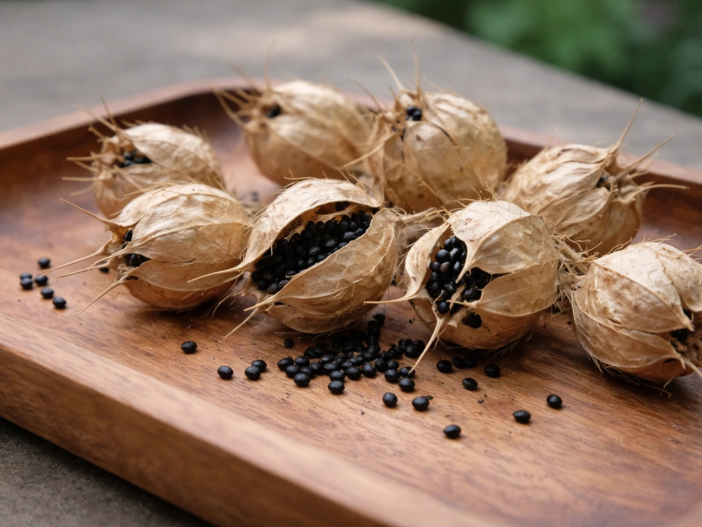 Nigella seedpods turning tan and papery, with nearly black seeds drying on trays in the shade.