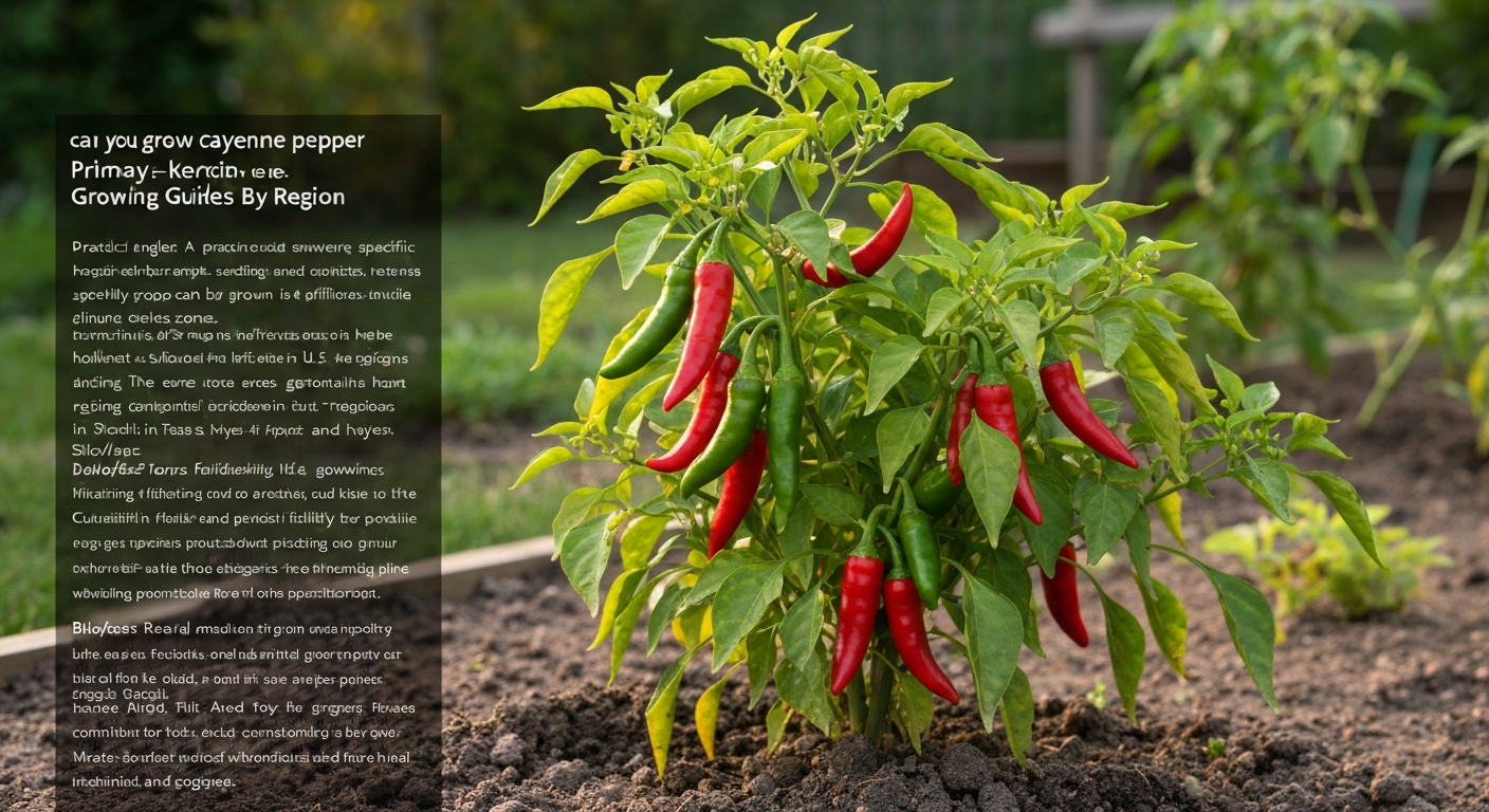 Healthy cayenne pepper plant in a sunny garden bed with green and red cayenne fruits.