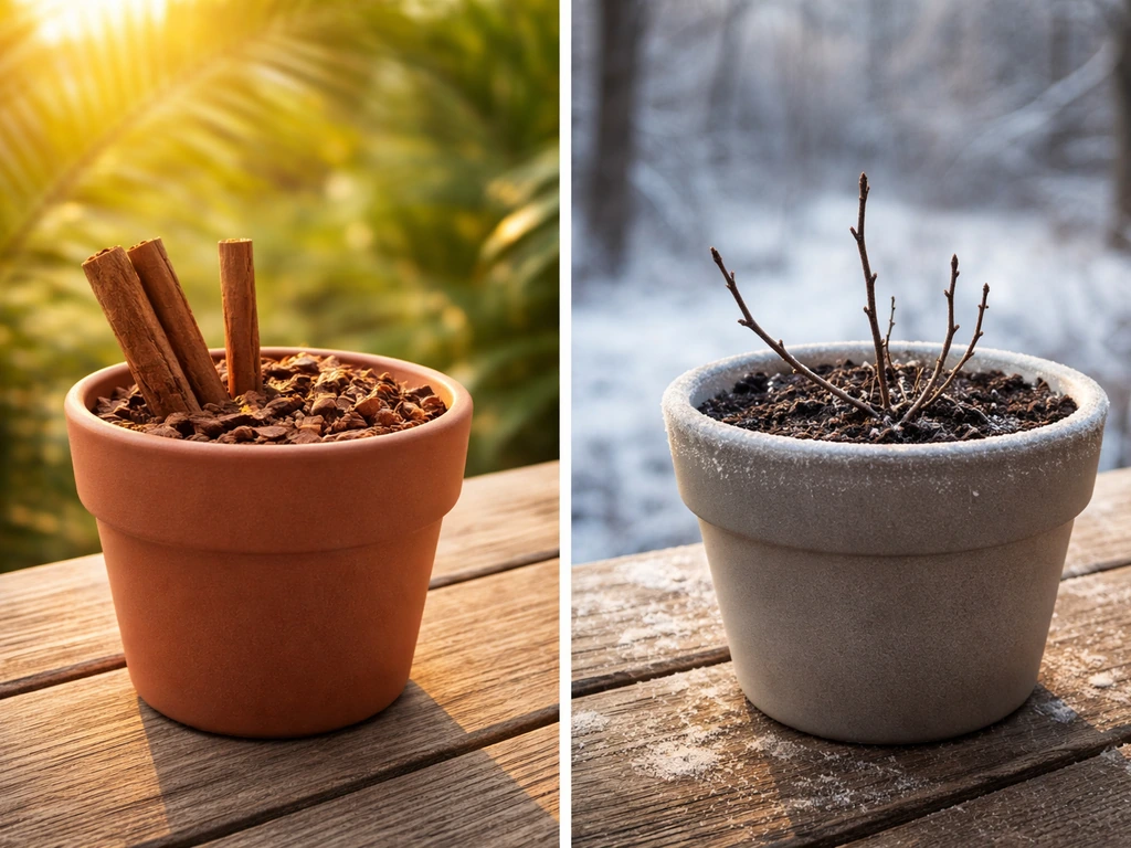 Two cinnamon-like pots in warm versus frost-dusted soil, suggesting mismatch between heat needs and Michigan cold.