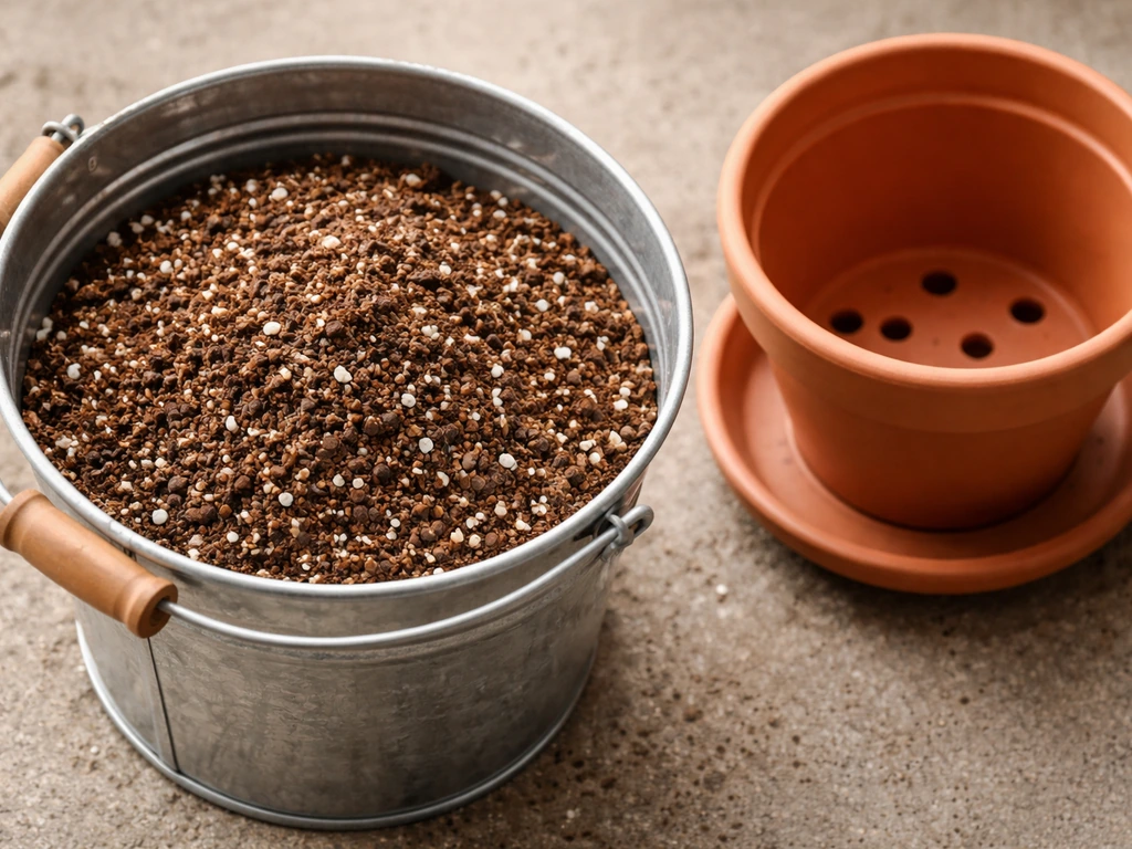 Closeup of cinnamon potting mix in a bucket with perlite, and a pot with drainage holes over a saucer.