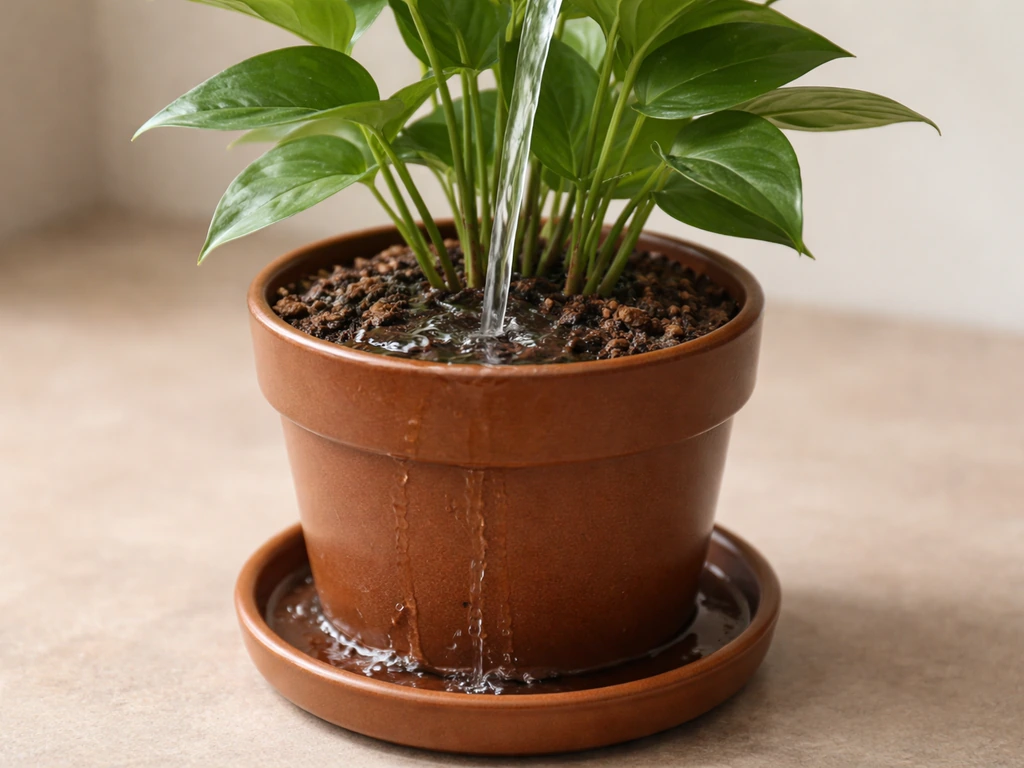 Watering a potted plant in a cinnamon-colored container; water drains into a saucer.
