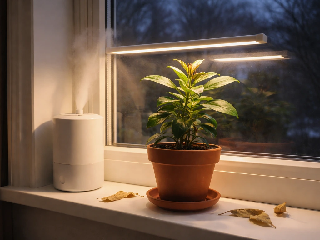 Cinnamon plant indoors on a windowsill with humidifier and grow light for overwintering.