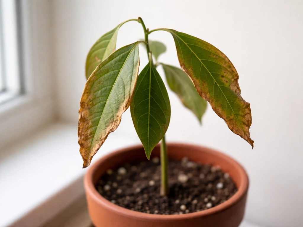 Close-up of a potted cinnamon plant leaf with brown, crispy edges on a windowsill.