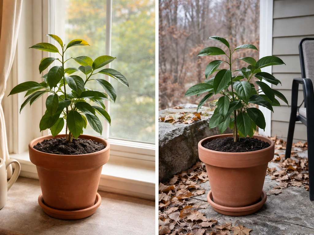 Indoor potted cinnamon/cassia by a bright window, with a cooler covered porch setup for winter cues.