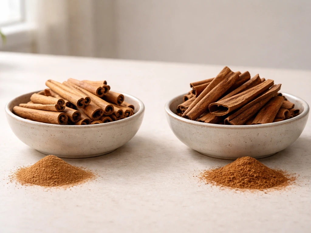 Two bowls showing true cinnamon bark and cassia bark, with visible color and texture differences.