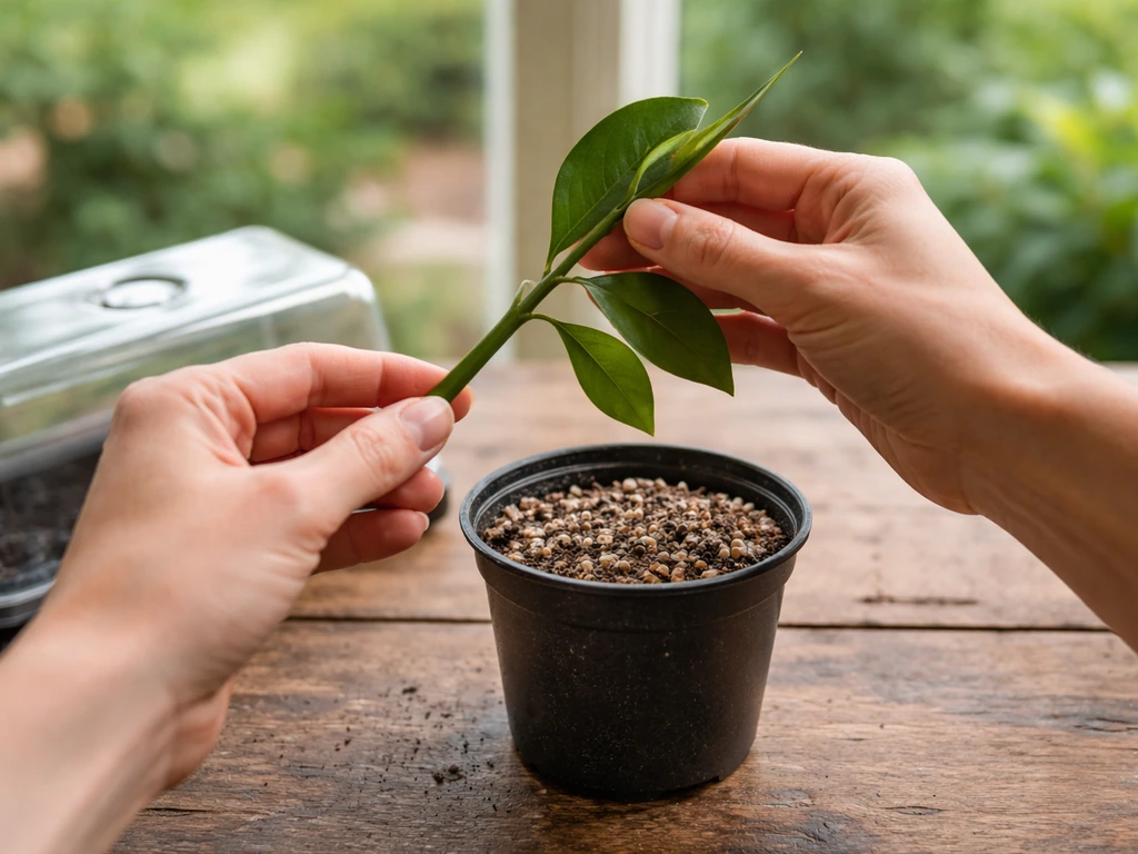 Hands preparing a small cinnamon plant cutting in a potting mix setup on a wooden table.