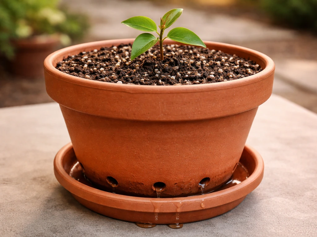 Close-up of a small pot with drainage holes and potting mix on a saucer, with a young cinnamon plant.