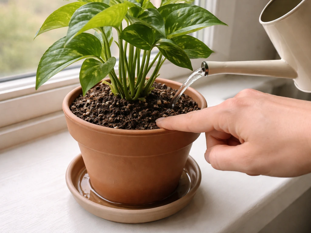 Hand checks dry potting mix, then a watering can waters a potted plant with drainage visible beneath.