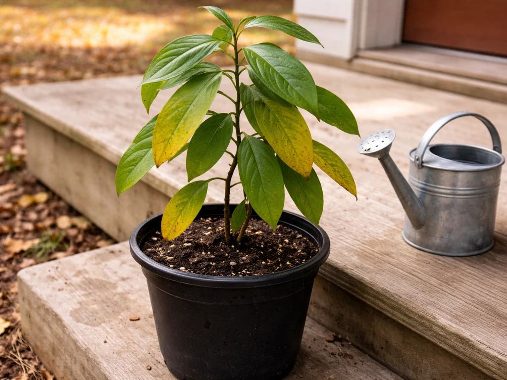 Container cinnamon plant with yellowing leaves and damp soil, hinting at overwatering and root-rot risk.