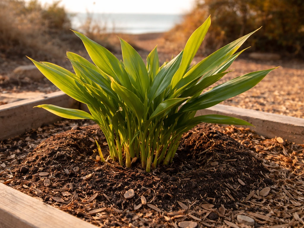 Lush green ginger plant thriving in a sunny California garden bed near the coast