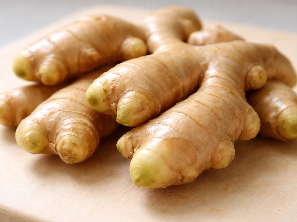 Close-up of fresh ginger rhizomes with light-colored nubby growth buds on a clean cutting board