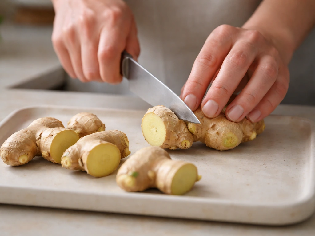 Hand placing cut ginger rhizome pieces with visible buds on a clean tray to air-dry.
