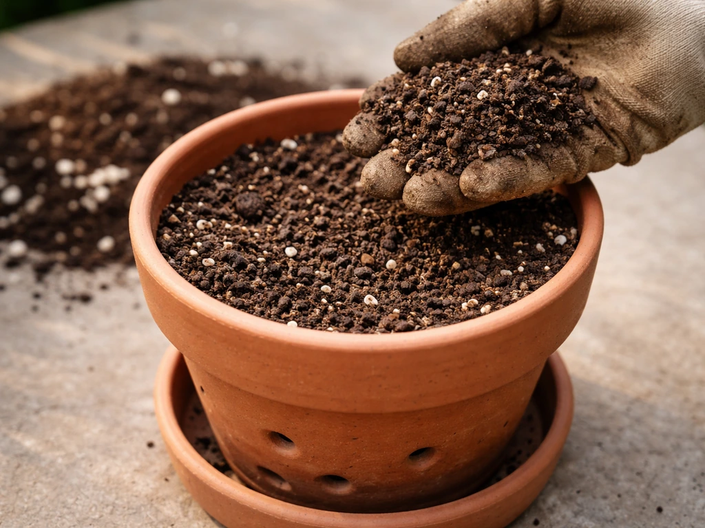Close-up of a terracotta pot with drainage holes and loose, loamy amended soil being gently shown.