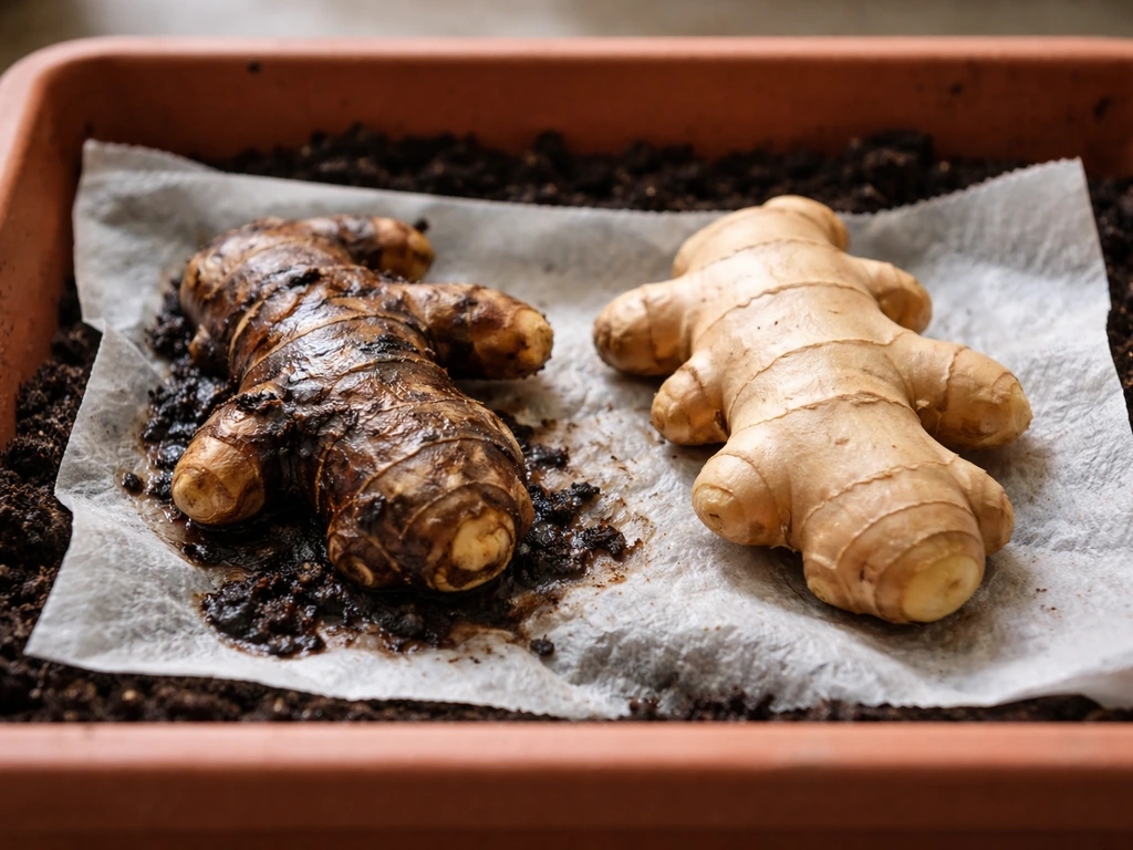Two ginger rhizomes side-by-side: one rotting and dark, the other firm and healthy in moist soil.