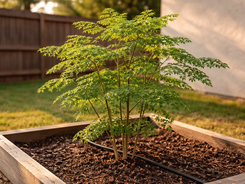 Healthy moringa plant thriving in a warm Texas backyard garden during golden-hour light.