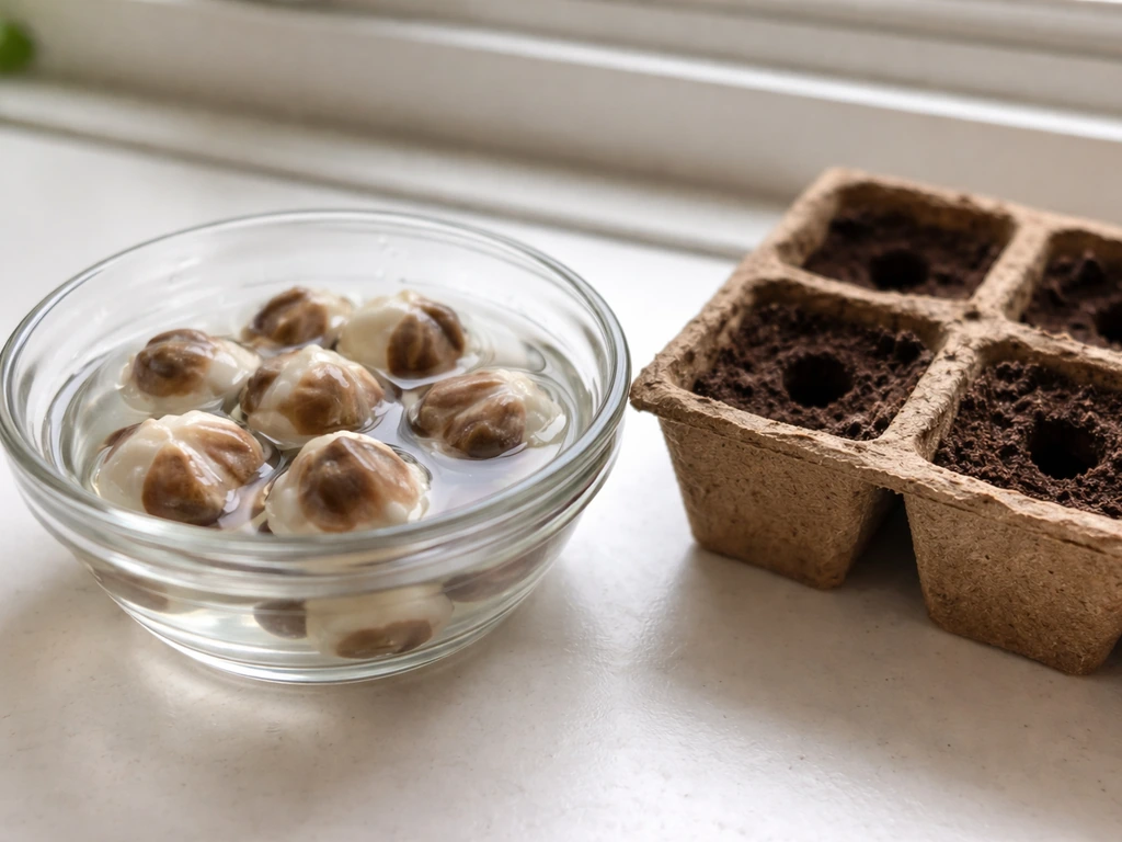 Moringa seeds soaking in a small glass bowl beside a simple seed-starting tray, ready to plant.