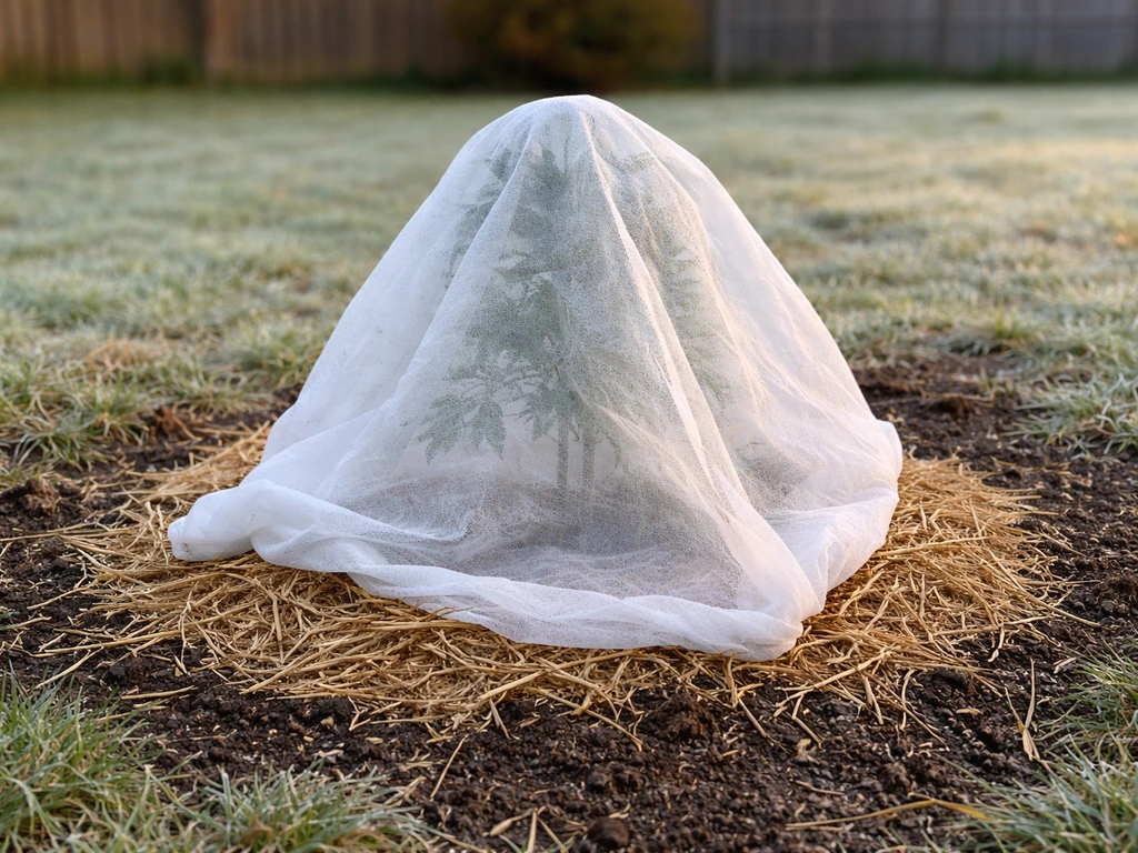 Mulched moringa plant in-ground in Texas protected with frost cloth during a cold freeze forecast.