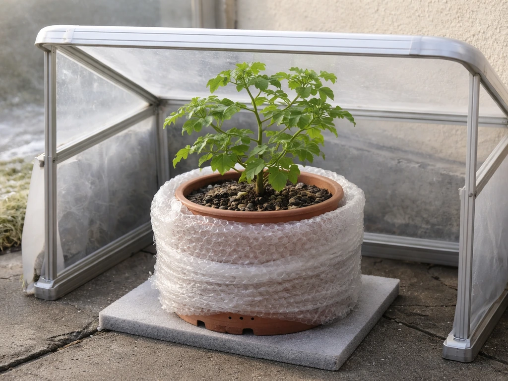 A potted moringa on an outdoor patio sheltered in a cold frame with insulation around the container.