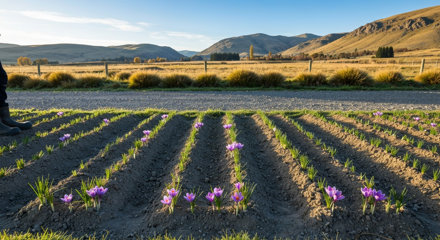 Small saffron plot in Central Otago at autumn morning, showing purple flowers and dry, well-drained beds with rolling hills in the background.