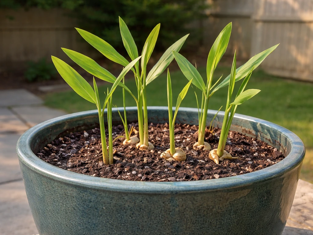 Healthy ginger shoots thriving in a deep pot on a sunny patio in a home garden setting.