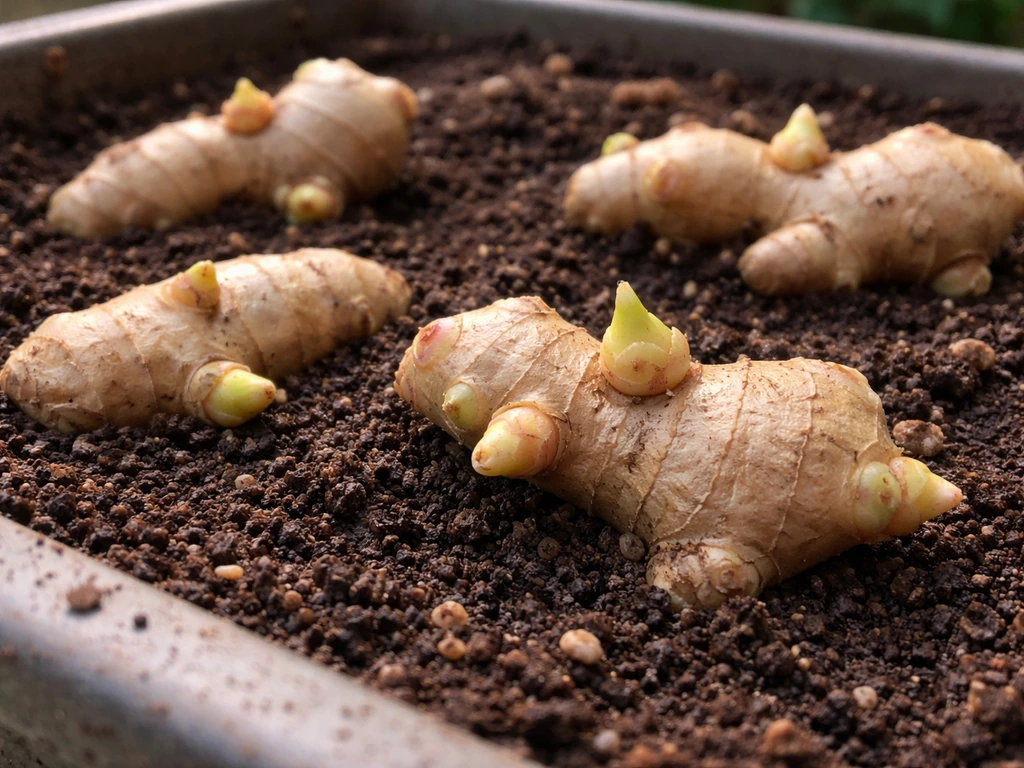 Close-up of healthy ginger planting rhizomes with plump buds ready for planting.