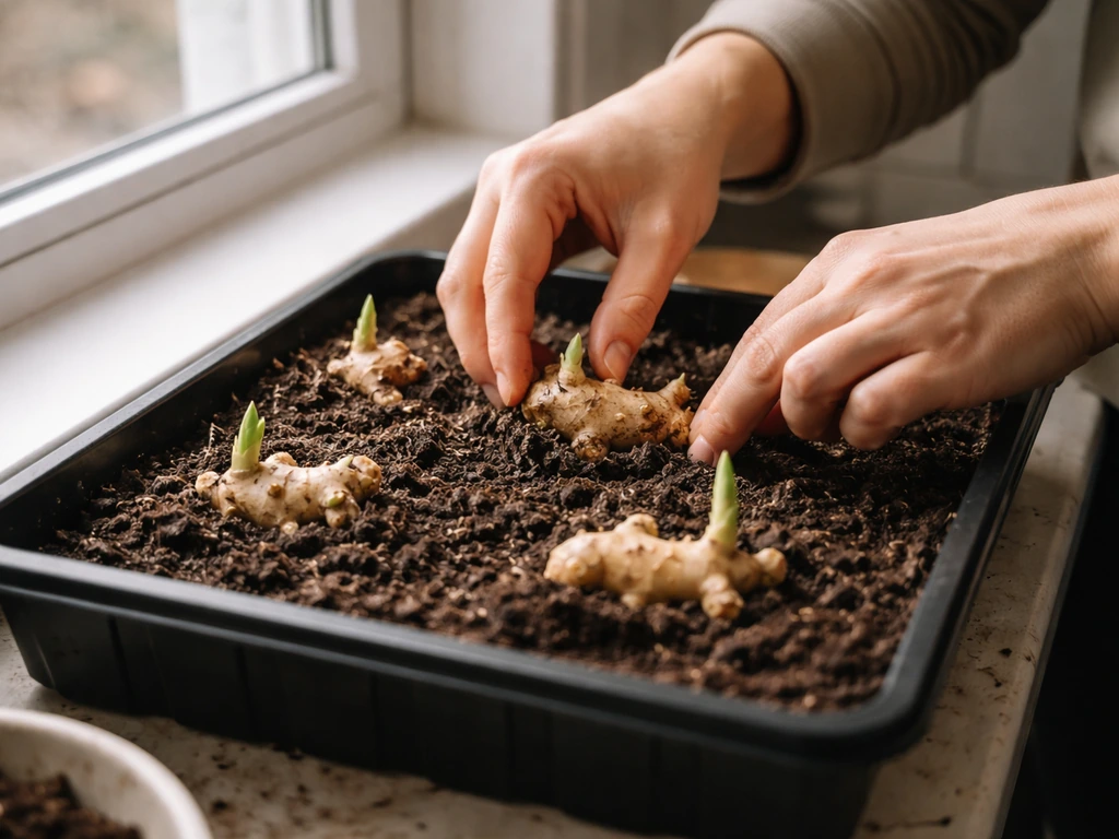 Close-up of ginger rhizomes in a shallow tray on a windowsill with early green shoots.