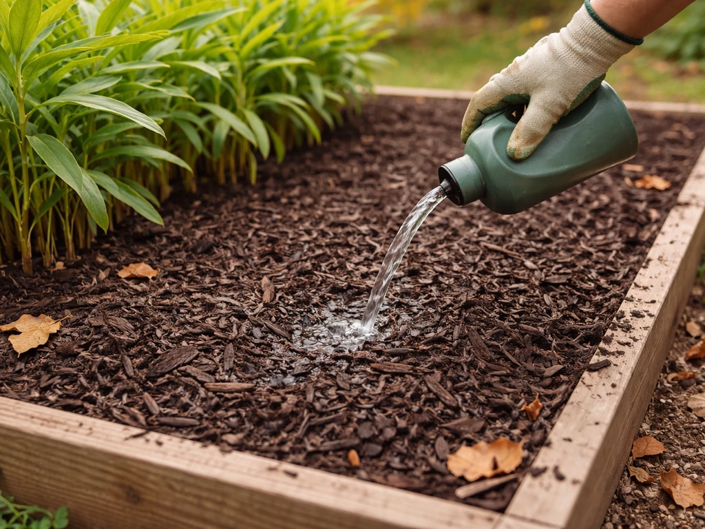 Hand watering fresh mulch over a ginger bed with liquid fertilizer in Virginia garden soil