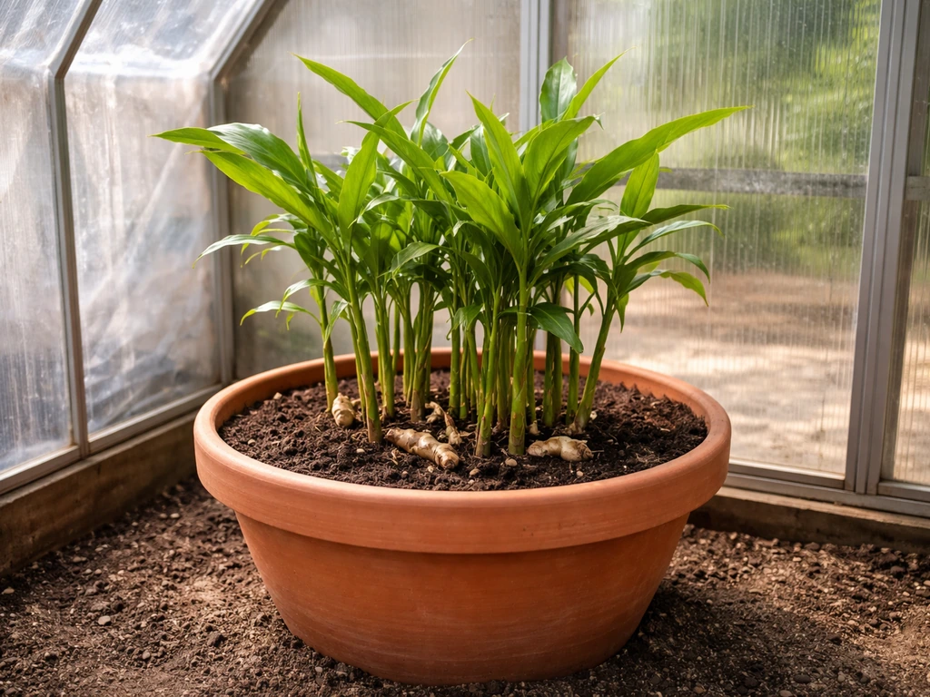 Ginger plant in a large wide container inside a greenhouse, with simple protective covering and natural light.
