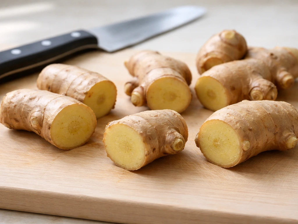 Close-up of ginger rhizome pieces cut into 1–2 inch sections with visible growth buds drying on a board.