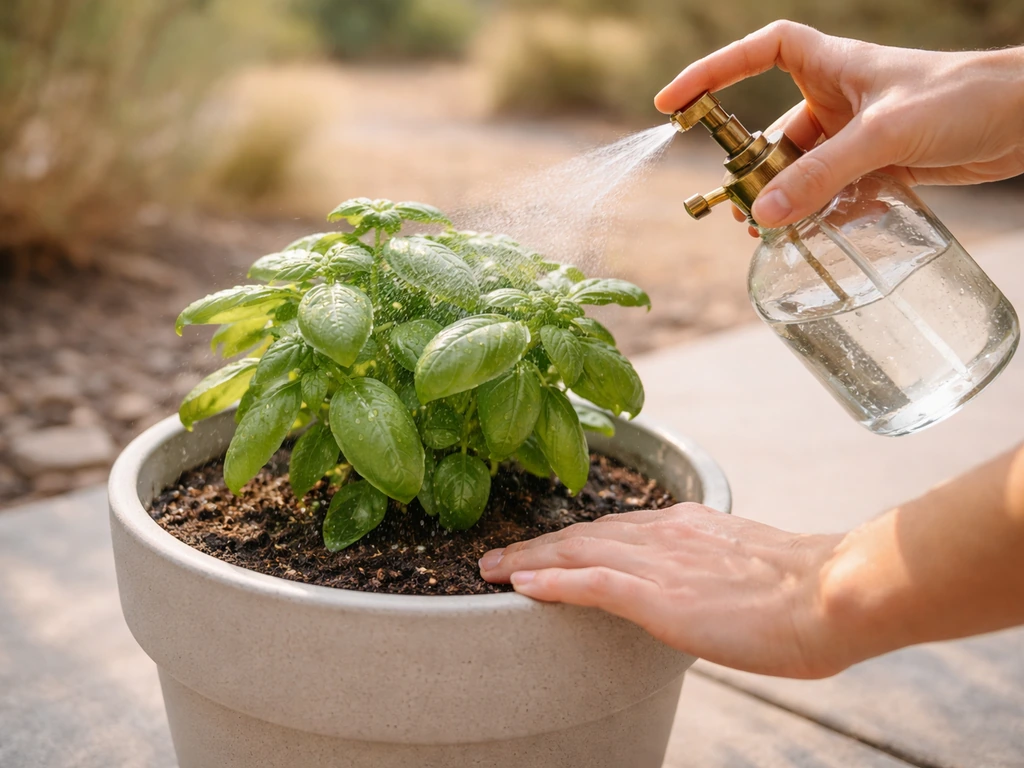 Hand misting a potted plant leaves while checking soil moisture in a container in bright natural light