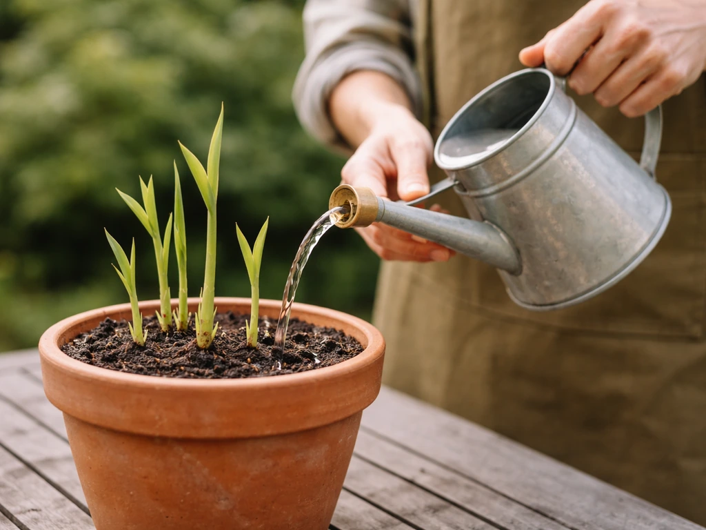 Close-up of ginger shoots in a pot as a gardener pours diluted liquid fertilizer into the soil.