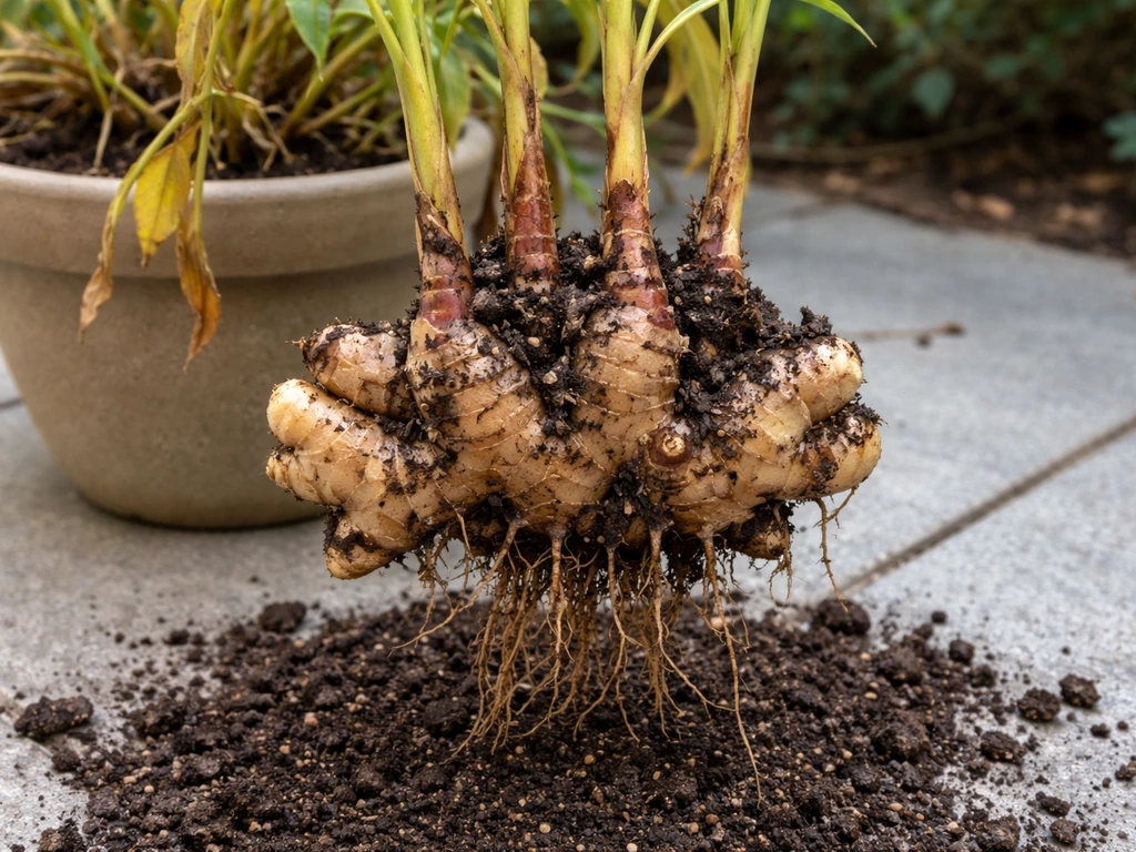 Lifted ginger plant showing rhizomes near harvest with yellowing dying-back leaves.