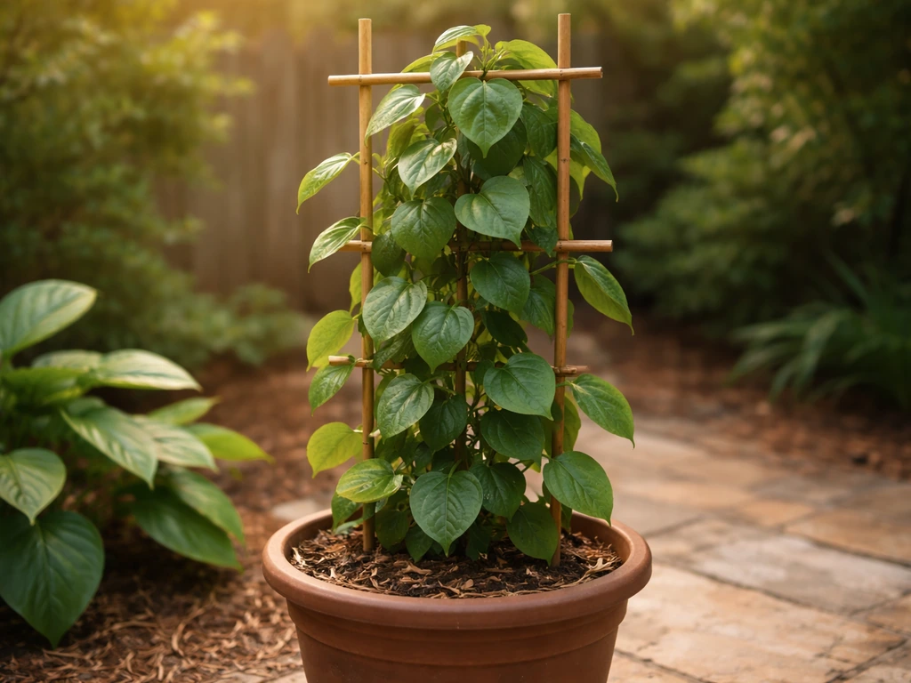 Lush black pepper vine climbing a trellis in a warm Texas garden patio setting.