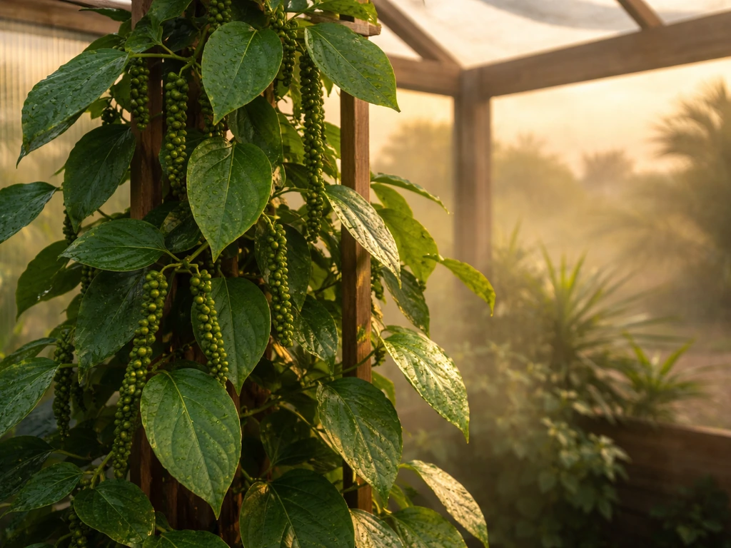 Lush black pepper vine in a warm, humid South Texas greenhouse backyard setting.