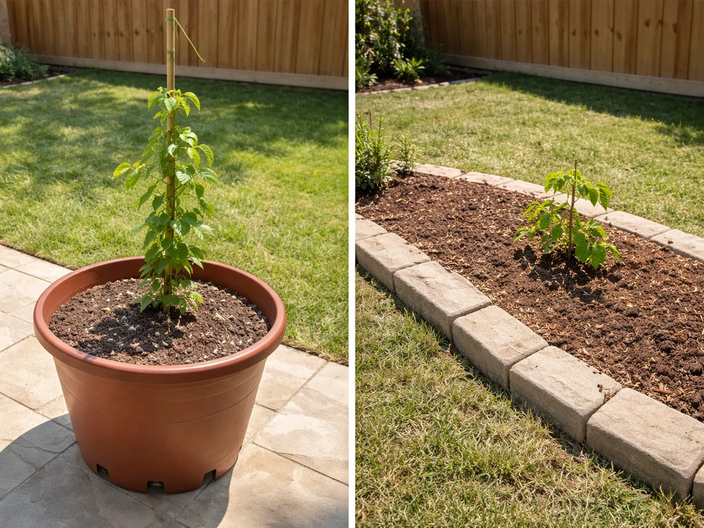 Split scene: large drained pot with tropical mix next to an in-ground bed with loamy soil and mulch.