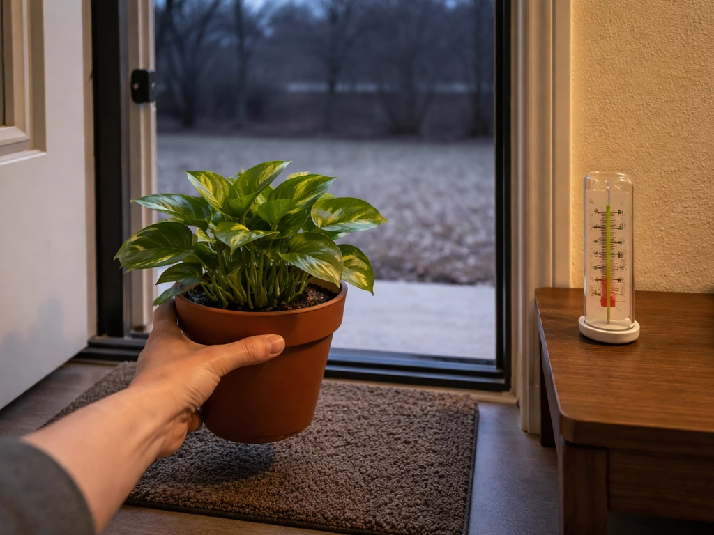 Potted container plant moved indoors near a doorway with a thermometer showing below 50°F.
