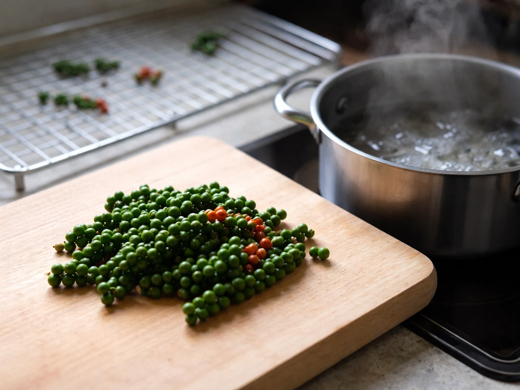 Fresh pepper berries at green-to-turning stages beside a pot for blanching and a drying tray