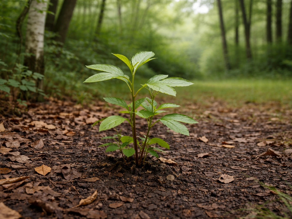 Young sassafras sapling in moist woodland-edge soil under natural daylight, Michigan habitat feel.