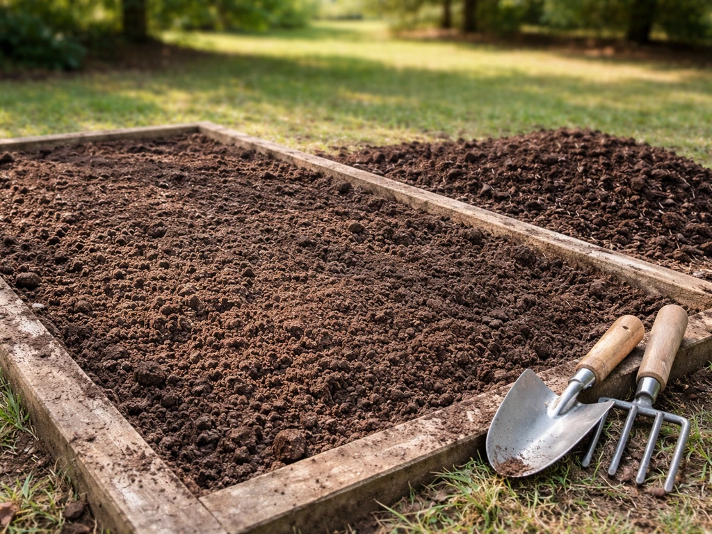 Freshly turned, well-drained garden soil with mulch and tools, showing a sunny/light-shade planting spot.