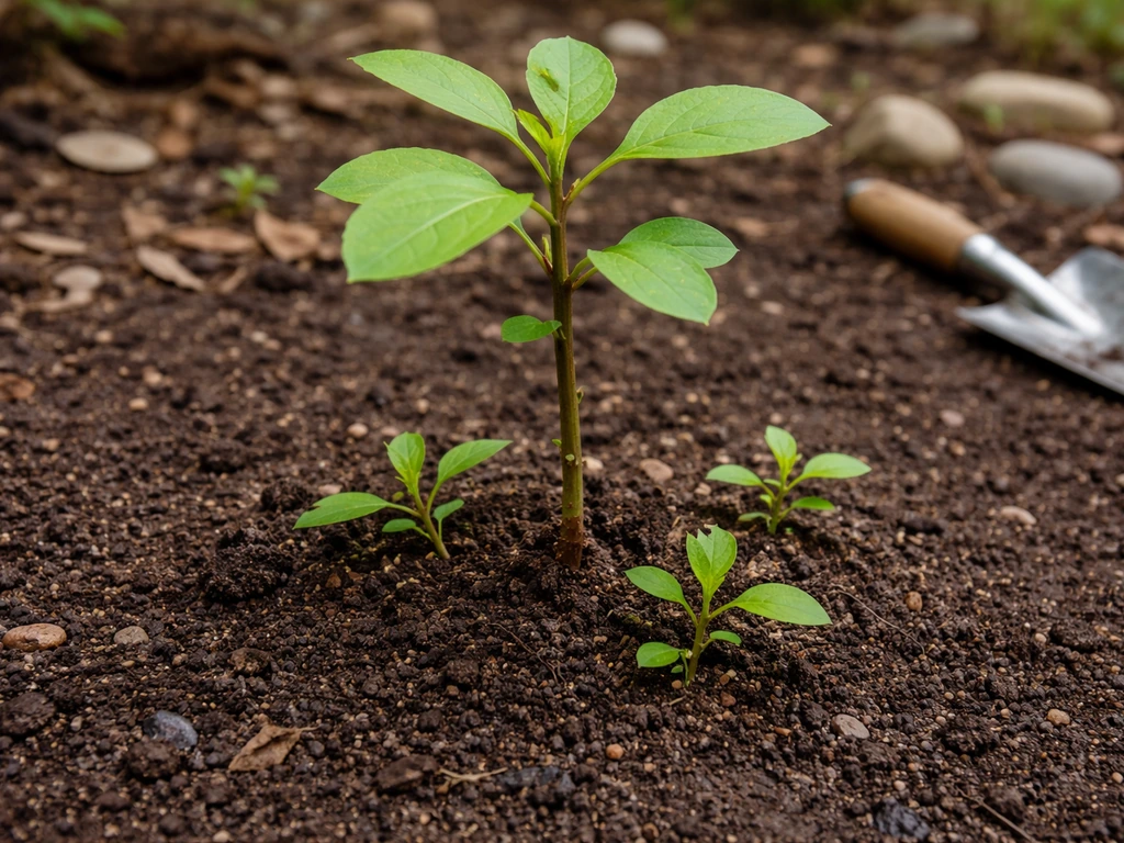Young sassafras sapling in soil with multiple suckering shoots around the base