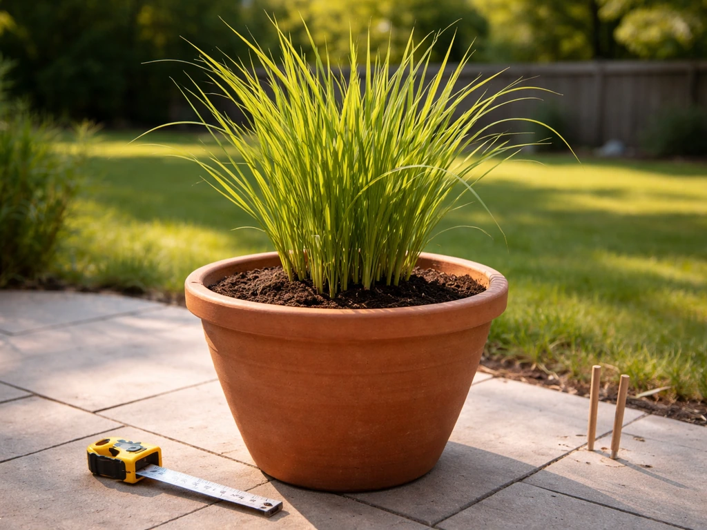 Outdoor container garden setup with a healthy lemongrass clump, spaced and ready to grow.