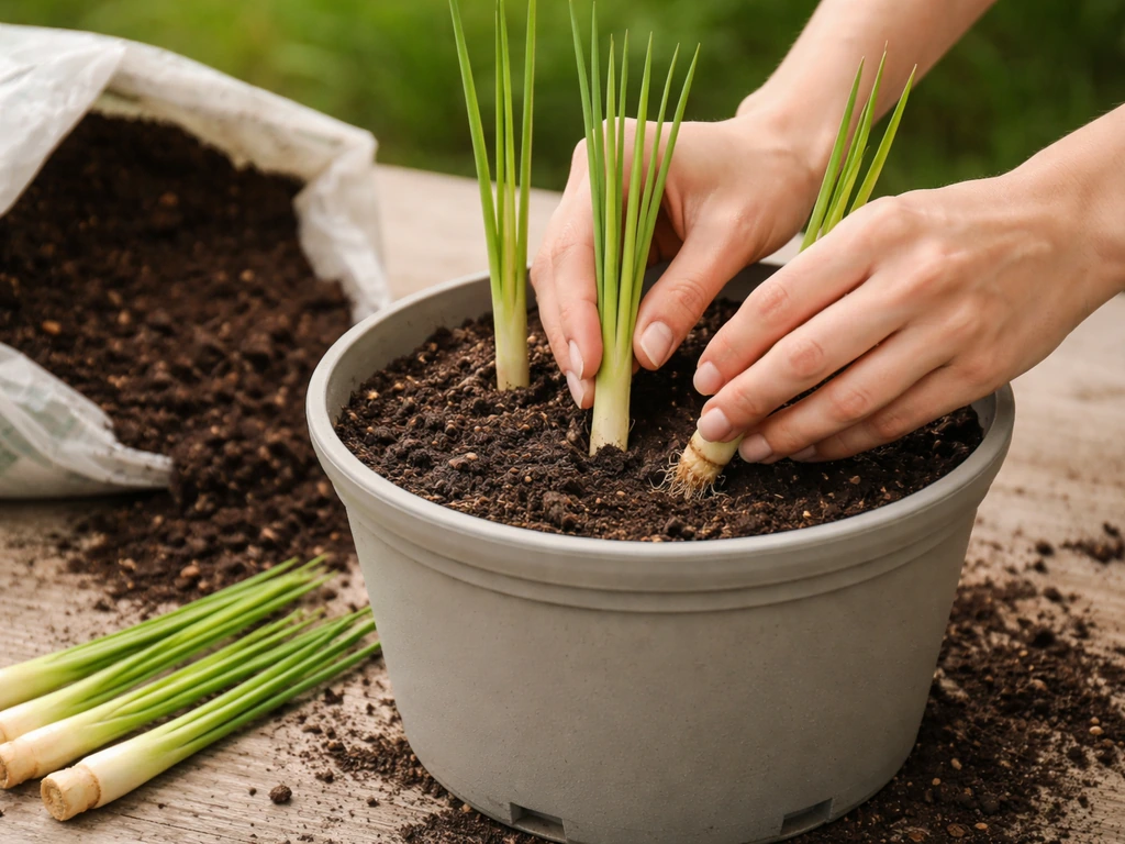 Lemongrass plugs being transplanted into a pot with drainage holes and fresh potting mix