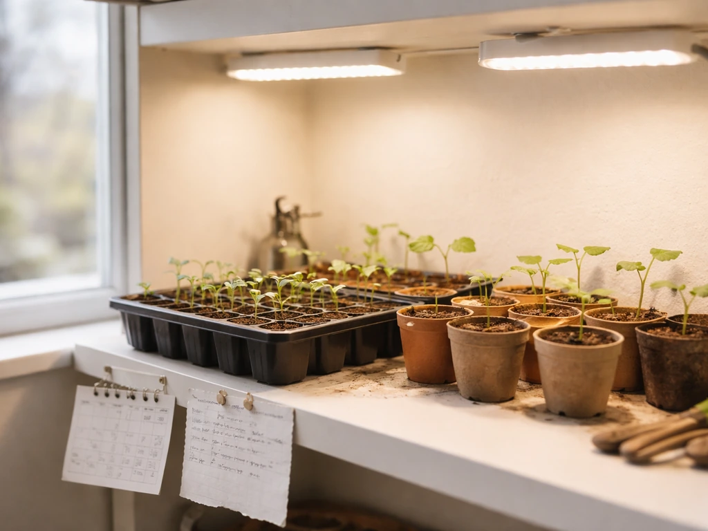 Green seedlings in small pots under grow lights on a windowsill, with a handwritten last-frost note nearby
